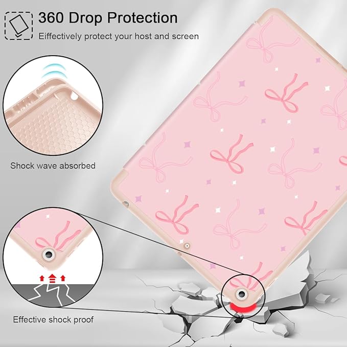 Tuiklol Case for iPad 10.2 Inch 2021 2020 2018 Release 9th / 8th / 7th Generation Built-in Pencil Holder TPU Protective Stand Back Cover Trifold Stand-Auto Wake/Sleep Pink Bows