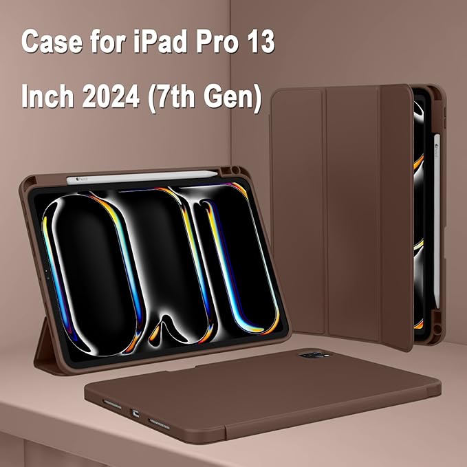 ZryXal New iPad Pro 13 Inch Case (M5) 2025 / (M4) 2024 with Pencil Holder Smart iPad Case [Support Pencil Pro and Pencil (USB-C)] Support Touch ID and Auto Wake/Sleep (New Chocolate)