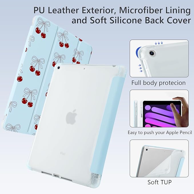 Kawaii Cute Cherry Bow for iPad Air 3 Case with Pencil Holder Auto Sleep/Wake Blue Leather Soft TPU Back Cover for iPad Pro 10.5 Inch 2017