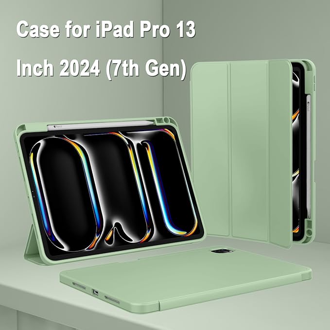 ZryXal New iPad Pro 13 Inch Case (M5) 2025 / (M4) 2024 with Pencil Holder Smart iPad Case [Support Pencil Pro and Pencil (USB-C)] Support Touch ID and Auto Wake/Sleep (Matcha Green)