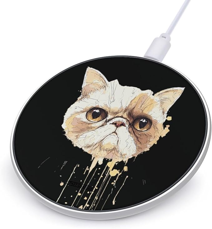 Hand-Drawn Persian Cat Fast Portable Charger 10W Funny Graphic Phone Charging Pad with USB Cable