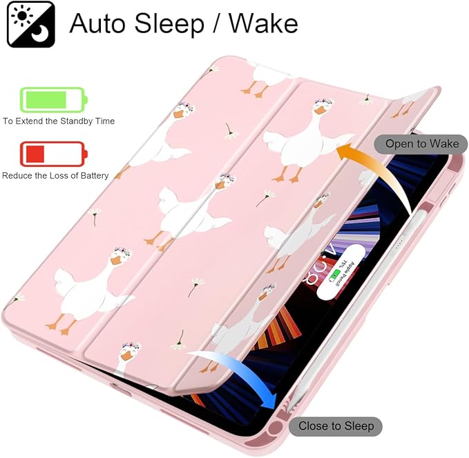 May Chen for iPad Air 11-inch M4/M3/M2 (2026/2025/2024) iPad Air 5th/4th 10.9 Inch - Shockproof Cover with Clear Back Shell &amp Penceil Holder Auto Wake/Sleep Stand Cover Goose Flower