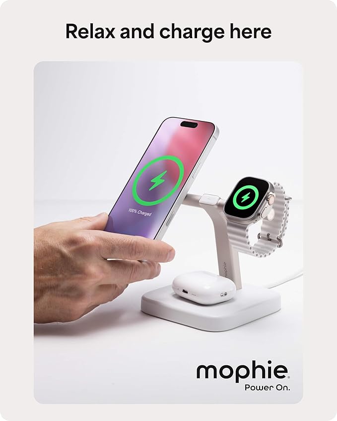 Mophie Wireless Charging Stand - Qi2-Certified MagSafe Charger for iPhone – Magnetic Fast Wireless Charger with Adjustable Phone Stand &amp Cable Management – Up to 15W Power