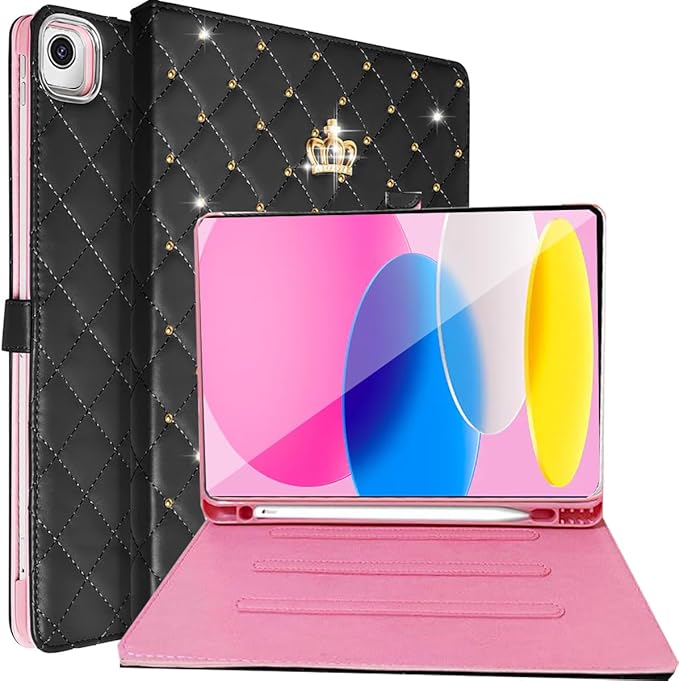 for iPad 9.7Inch 6th/5th Generation 2018/2017 CaseiPad air 2/Air with Pencil HolderCute Crown Girly Diamond Elegant PU Leather Smart Auto Sleep/Wake Stand Protective Case for iPad 9.7Black