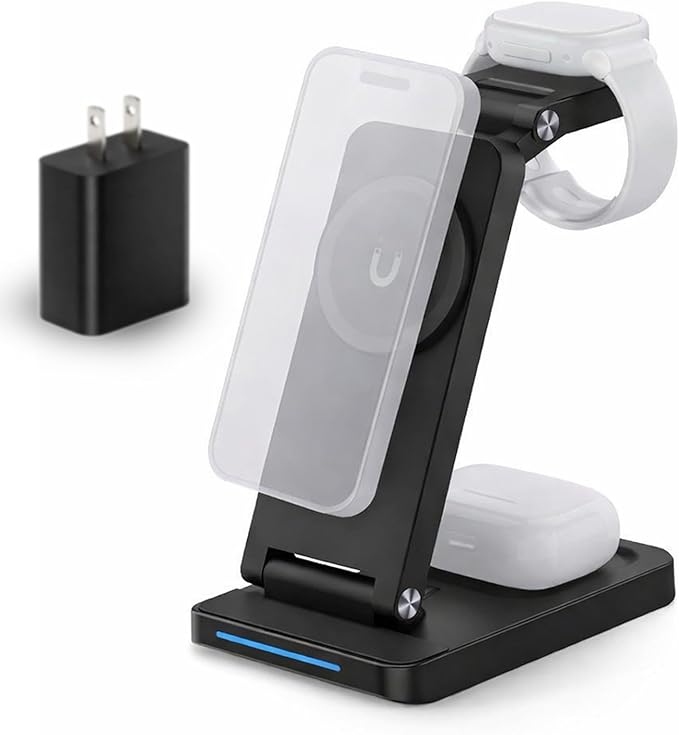 Magnetic Wireless Charger Stand 3-in-1 Foldable Wireless Charging Station with 20W Adapter Travel Charging Stand for Phone Earbuds &amp Watch Compact Multi-Device Charger