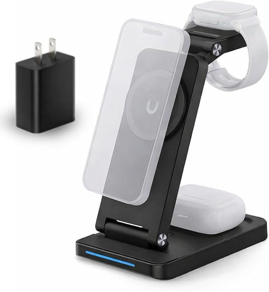 Magnetic Wireless Charger Stand 3-in-1 Foldable Wireless Charging Station with 20W Adapter Travel Charging Stand for Phone Earbuds &amp Watch Compact Multi-Device Charger