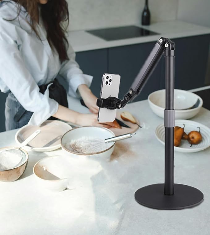 Heavy Duty Overhead Phone Stand for Desk Video Recording for iPhone Holder with Extension Arm 360° Swivel for Filming Meeting Cooking Painting and Crafting
