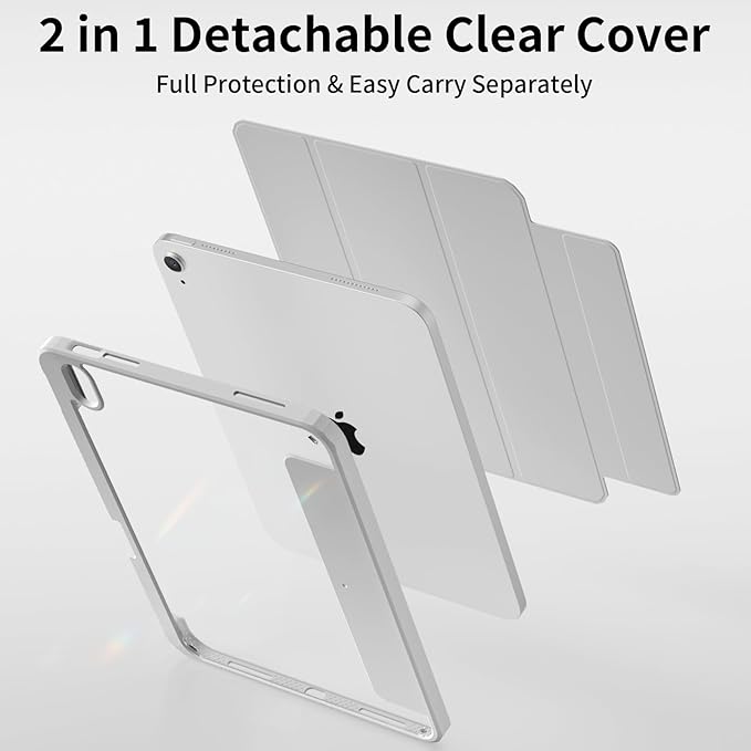 Case for iPad Air 11 Inch M4/M3/M2 2026/2025/2024 iPad Air 5th/4th Gen 10.9 Inch Case 2022/2020 with Pencil Holder Magnetic Detachable of Clear Back Cover Slim &amp Tri-Fold Cover Gray