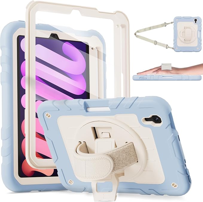 for iPad mini 7 A17 Pro/iPad mini 6 8.3 Inch Case iPad mini 7th/6th Generation Case (2024/2021) with Pencil Holder/Kickstand Hand Strap/Shoulder StrapBlue+White