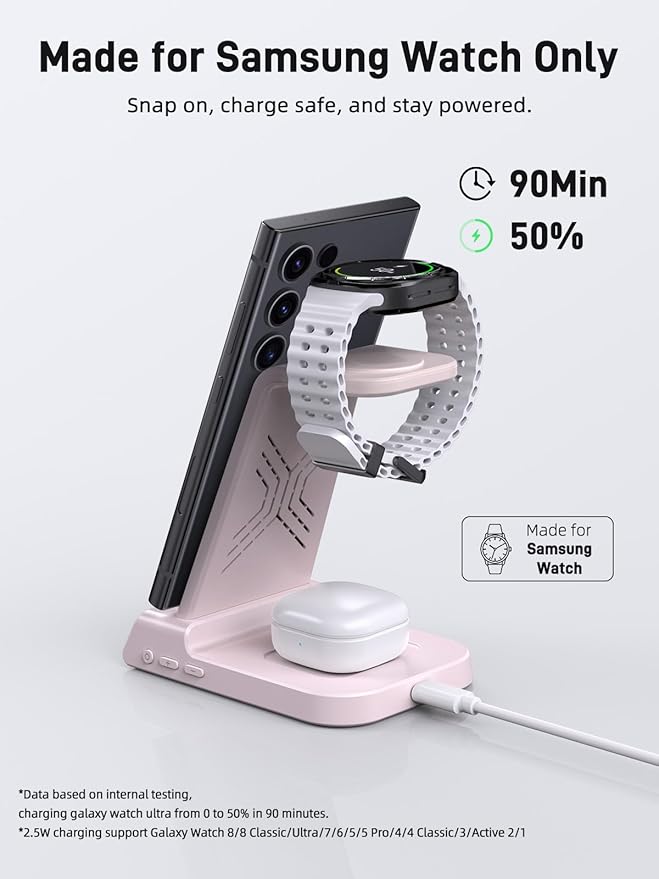 Wireless Charger Samsung Charging Station: 3 in 1 Android Charging Stand with Dimmable Clock - Nightstand Organizer for Galaxy S25 Ultra S24 Galaxy Watch 8 7 6 5 4 Galaxy Buds Space-Saving Charger