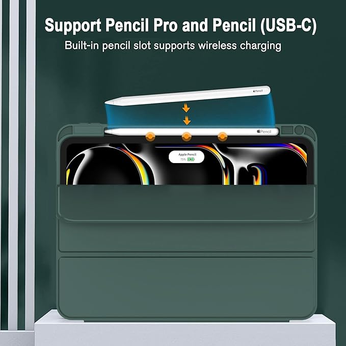 ZryXal iPad Pro 11 Inch Case (M5) 2025/ (M4) 2024 (Model: A2836/A2837/A3006) Trifold Stand Smart Cover with Pencil Holder and Soft TPU Back Auto Wake/Sleep (Update Midnight Green)