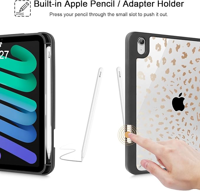 May Chen Slim Case for iPad mini 7 (A17 Pro 7th Generation) 2024 / iPad mini 6 (6th Gen) 8.3 Inch [Built-in Pencil Holder] Shockproof Cover Clear Clear Back Shell Auto Wake/Sleep Leopard Print