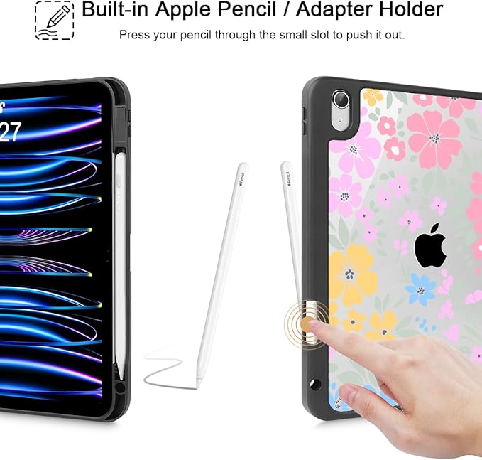 May Chen Case for iPad Air 13 Inch M4 2026 M3 2025 M2 2024 [Built-in Pencil Holder] Shockproof Cover with Clear Transparent Back Shell Auto Sleep/Wake Cover Wild Flowers