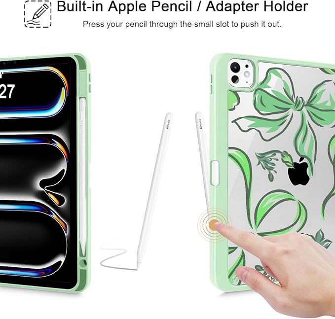 Mektron Case for M5/ M4 iPad Pro 11 inch 2025/2024 with Pencil Holder Compatible Models: A3357/A3358/A3359/A2836/A2837/A3006 Shockproof Cover Clear Shell Flowers-Bows-Green