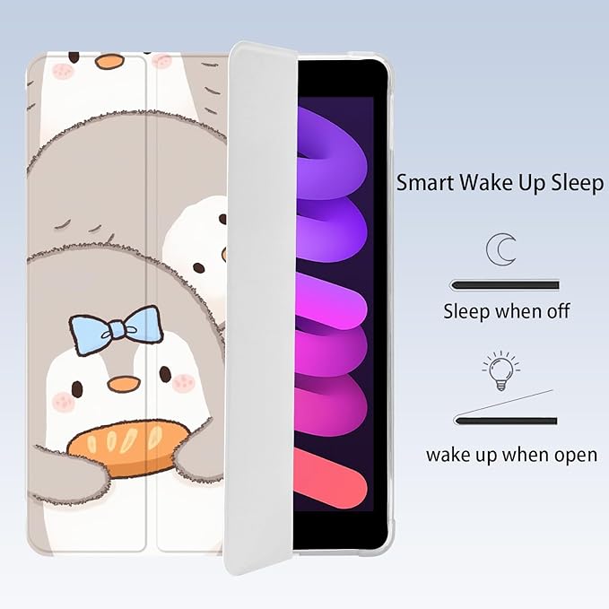 Cute Kawaii Penguin for iPad Air 3 Case with Pencil Holder Auto Sleep/Wake White Leather Soft TPU Back Cover for iPad Pro 10.5 Inch 2017