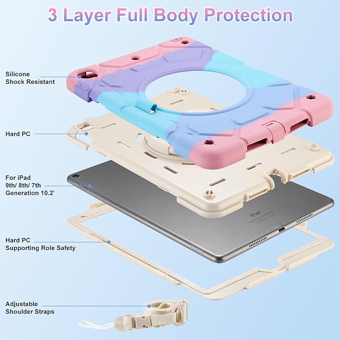 for iPad 9th/8th/7th Generation Case(2021/2020/2019)360°Rotating Handle Stand with[ Pencil Holder&ampShoulder Strap] Heavy Duty Shockproof Kids Cover for iPad 10.2 inch (Colorful Pink)