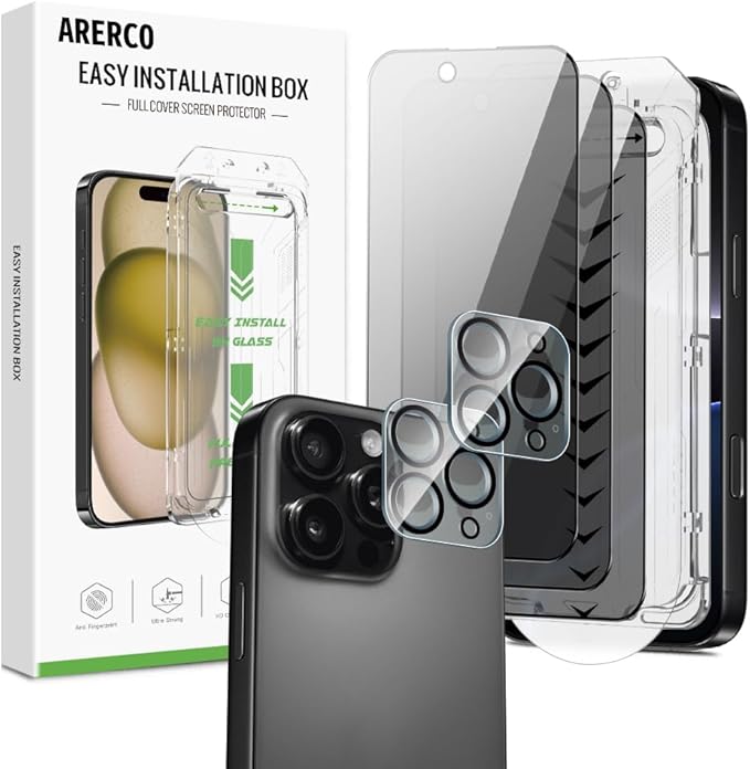 3 Pack for iPhone 16 Pro Privacy Screen Protector + 2 Camera Lens Protector 9H+ Tempered Full cover Glass 12FT Military Grade Shatterproof 100% Anti Spy Auto Alignment Kit