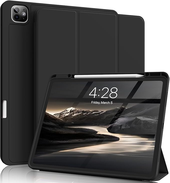 for iPad Pro 13 inch Case (M5/M4) 2025/2024 Slim Protective Cover with Pencil Holder Soft TPU Back Cover Trifold Stand Auto Wake/Sleep A2925 A2926 A3007 A3362 A3359 (Black)