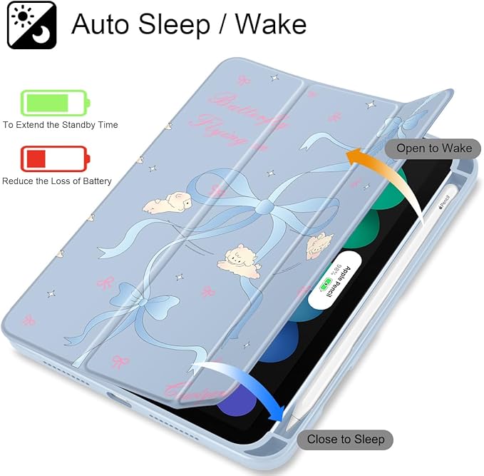 Mektron Printed Case for iPad mini 7 (A17 Pro) 2024/ Mini 6 2021 iPad mini 7th/6th Generation 8.3-inch Liquid Retina Display Cover Buit in Pencil Holder with Clear Back Shell Blue Bows-Sheep