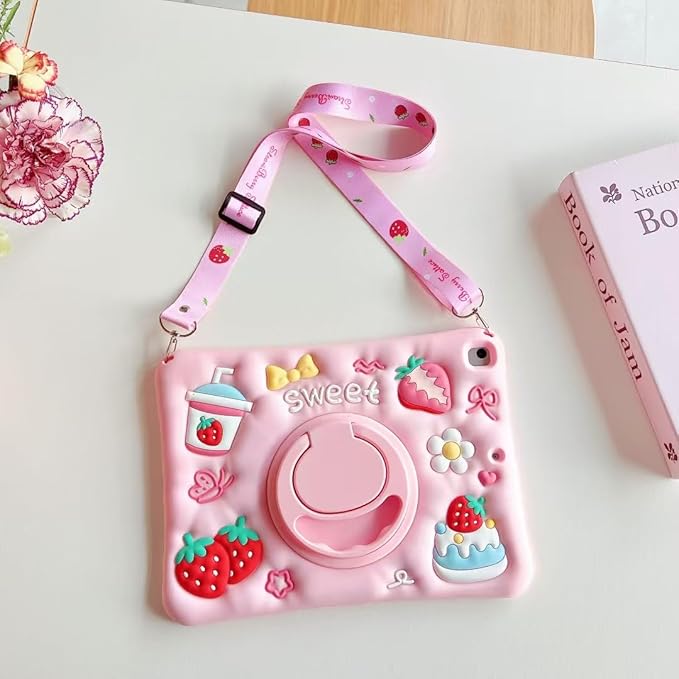 3D Cute Strawberry Cake Juice Case for iPad 9th/8th/7th 10.2 inchKawaii Cartoon Delicious Desserts Soft Silicone Rotating Stand Case with Lanyard for Kids Teens Girls Women