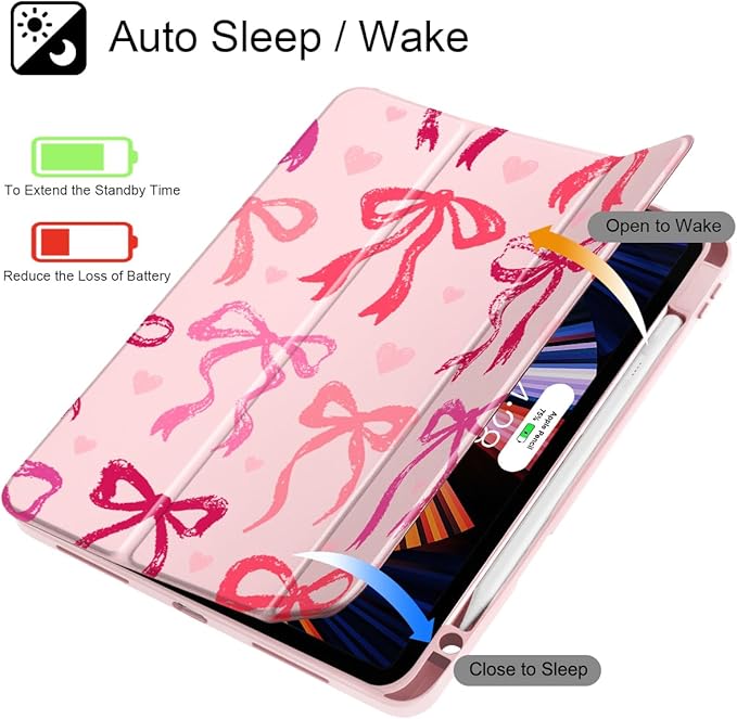 May Chen for iPad Pro 11 inch M2 4th Generation 2022 iPad Pro 11 3rd/2nd/1st Gen Case with Transparent Shockproof Back Cover [Built-in Pencil Holder Auto Sleep/Wake Bow Ribbon