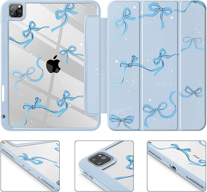 May Chen for iPad Pro 11 inch M2 4th Generation 2022 iPad Pro 11 3rd/2nd/1st Gen Case with Transparent Shockproof Back Cover [Built-in Pencil Holder Auto Sleep/Wake Bows Blue