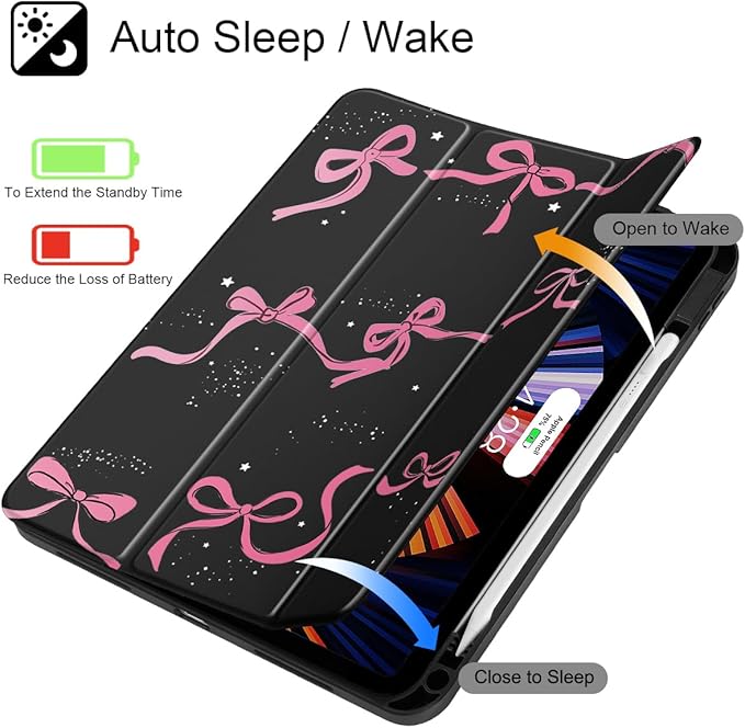 May Chen Case for iPad Air 13 Inch M4 2026 M3 2025 M2 2024 [Built-in Pencil Holder] Shockproof Cover with Clear Transparent Back Shell Auto Sleep/Wake Cover Black Bows