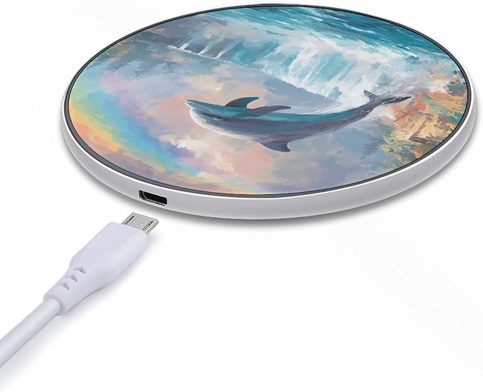 Dolphins Jumping Waterfall Rainbow Fast Portable Charger 10W Funny Graphic Phone Charging Pad with USB Cable