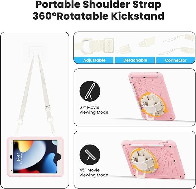 for iPad 9th Generation 2021/ iPad 8th Generation 2020/ iPad 7th Generation 2019 Case with Screen Protector Pencil Holder [360° Rotating Hand Strap] &amp Stand for iPad 10.2 inch (Pink)