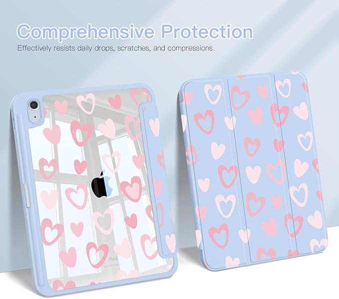 Teryeefi Case for iPad (A16) 11th Generation 11 inch (2025) &amp iPad 10th Generation 10.9 inch (2022) with Pencil Holder-[Auto Wake/Sleep] Premium Stand Case with Clear Back Cover Heart Blue