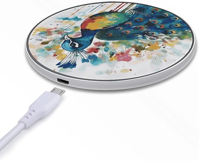Watercolor Peacock Wireless Charger Fast Wireless Charging Pad with USB Cable 10W Anti-Slip Magnetic Wireless Charger Portable Slim Charger Puck Travel Charging Station
