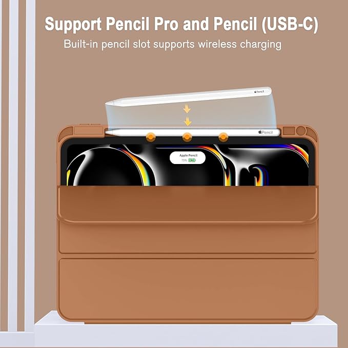 ZryXal iPad Pro 11 Inch Case (M5) 2025/ (M4) 2024 (Model: A2836/A2837/A3006) Trifold Stand Smart Cover with Pencil Holder and Soft TPU Back Auto Wake/Sleep (New Brown)
