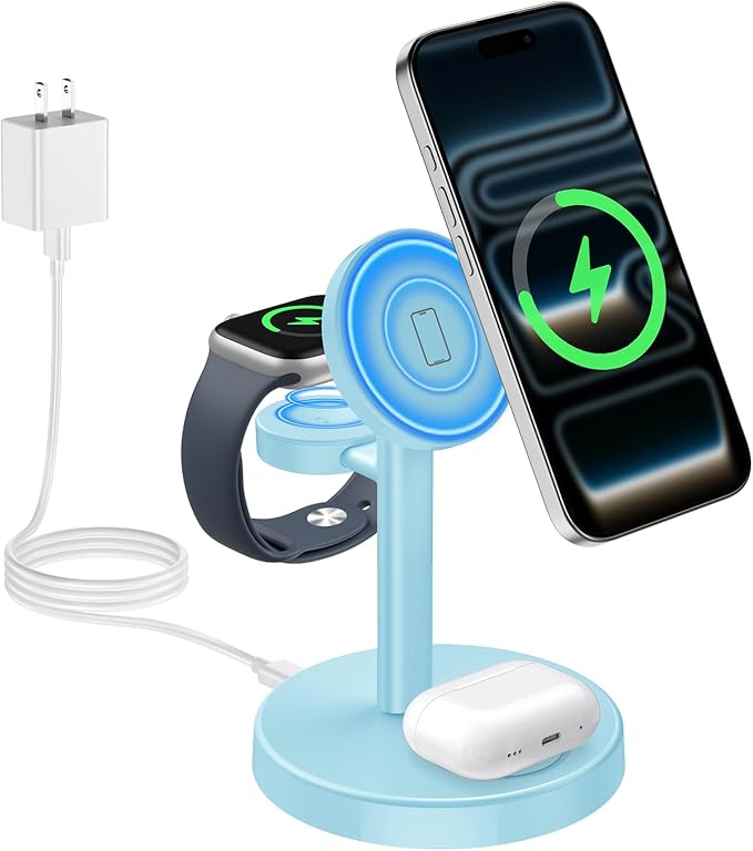 2026 3 in 1 Wireless Charging Station Compatible with MagSafe 15W Fast Magnetic Mag-Safe Charger Stand for Apple iPhone 17 16 15 14 13 12 Series iWatch AirPods Pro 4 3 2 Iceblue