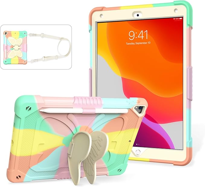 for iPad 9th Generation Case 10.2 inch for Kids Girls with Butterfly Kickstand Shoulder Strap Pencil Holder Rugged Cover for iPad 9th 8th 7th Gen 2021 2020 2019 Rose Gold