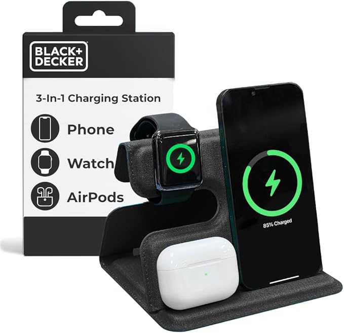 BLACK+DECKER 3 in 1 Charging Station for Apple Multiple Devices Wireless Foldable Travel Charger for Multiple Devices iPhone 17 16 15 14 13 Pro Max Plus Apple Watch Series/AirPods (Black)