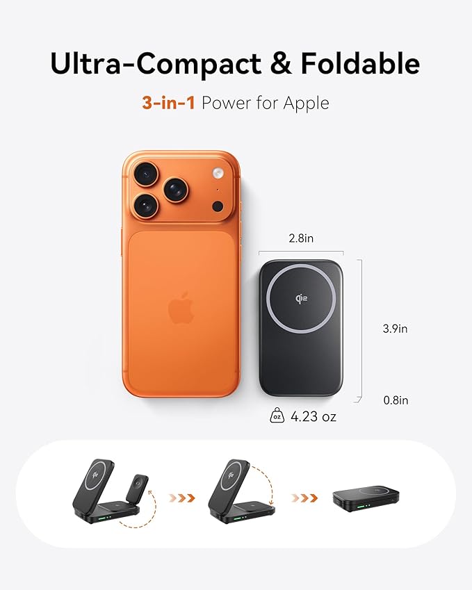 INIU 3 in 1 Wireless Charging Station Qi2 Certified 15W Travel Charger for Apple Multiple Devices Foldable Magnetic Wireless Charger Stand for iPhone 17 16 15 14 13 12 Series Apple Watch AirPods
