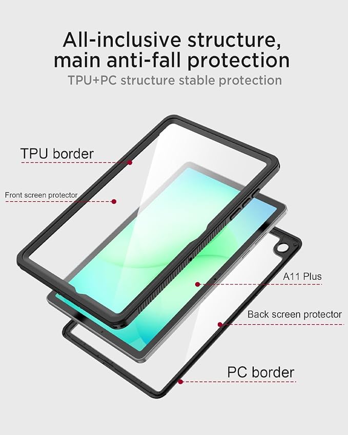 Miimall Case for Samsung Galaxy Tab A11+/Plus 11 Screen Protector Full Body Rugged Bumper Outdoor Sports IP68 Waterproof Military Grade Cover for Galaxy Tab A11 Plus 2025(Model: SM-X230/X235/X236)