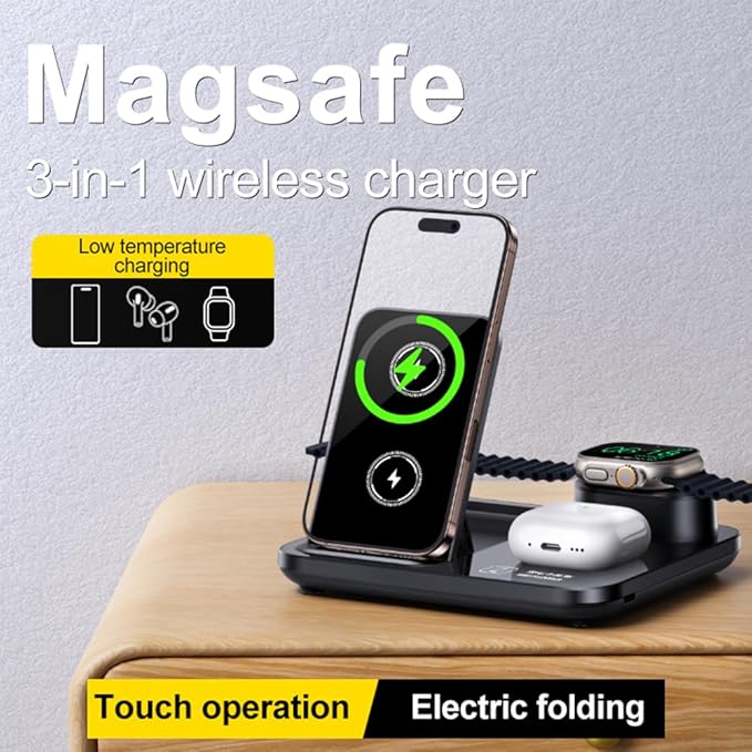 IHAO 3in1 Auto-Rising Wireless Charging Station 15W Fast Charge Ultra-Slim Foldable Design Wireless Charger for Phone Watch Earbud QC3.0 &amp PD Compatible
