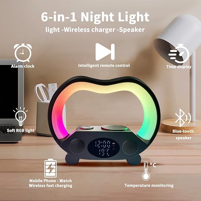 IHAO 6in1 Wireless Charging Station with Bluetooth Speaker Time&ampTemperature Display Alarm Clock 7-Color LED Night Lights Fast Charger for Phone Apple Watch Earbuds Remote Control Auto Shutoff-Bl
