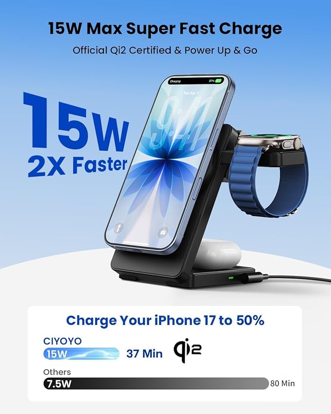Magnetic Wireless Charging Station for Apple: Upgraded Qi2 Certified 15W 3-in-1 Magsafe Wireless Charger Stand Foldable Travel Fast Charger for iPhone 17 16 15 14 13 12 Series Apple Watch AirPods