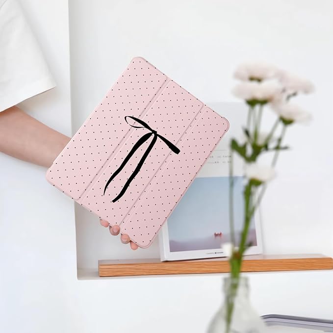 Cute Polka Dot Ribbon Bow for iPad Pro 11 Inch Case (M5/M4) 2025/2024 with Pencil Holder Auto Sleep/Wake Pink Leather Soft TPU Back Cover
