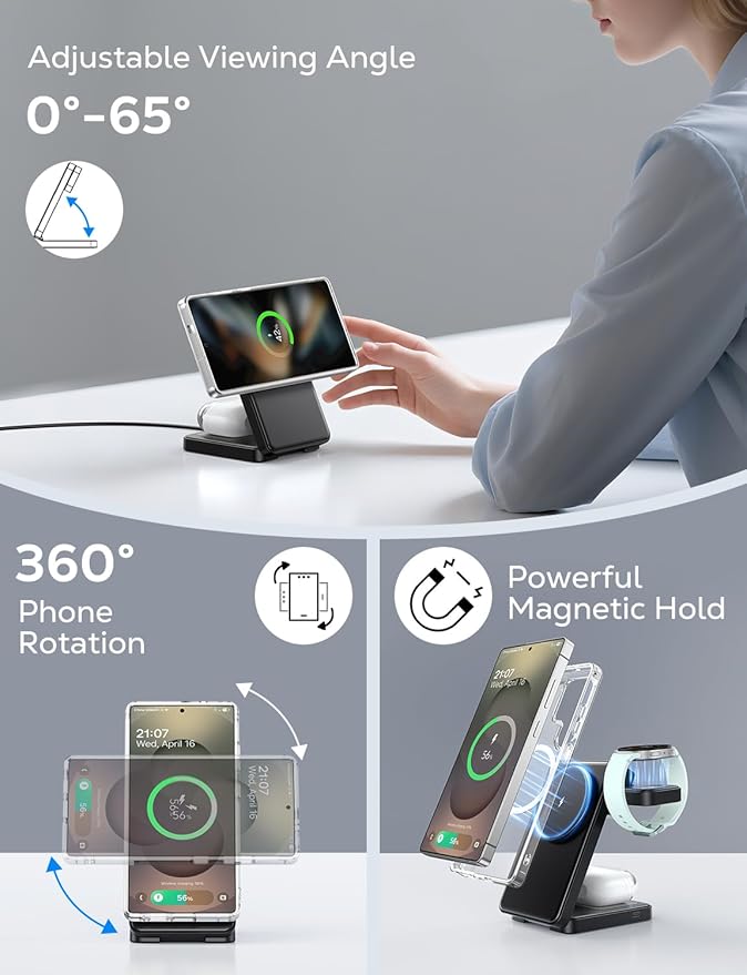 Magnetic Foldable Wireless Charger for Samsung 3 in 1 Mag-Safe Fast Charging Station for Galaxy S26 S25 S24 Ultra Plus/Z Fold/Z Flip 7 6 5 Charger Stand for Galaxy Watch Ultra 8 7 6 Classic &amp Bu