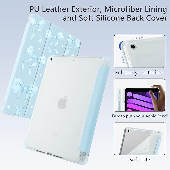 Cute Blue Ribbon Bow for iPad Pro 12.9 Inch Case 5th/6th Generation 2022/2021/2020 with Pencil Holder Auto Sleep/Wake Blue Leather Soft TPU Back Cover