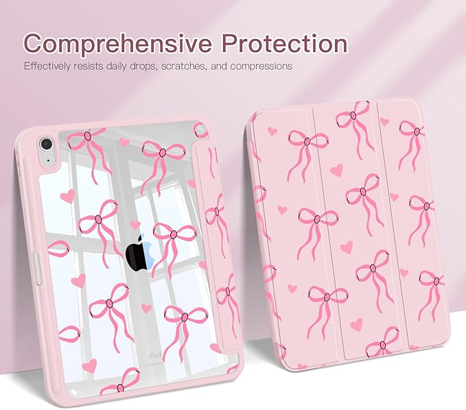 Teryeefi Case for iPad (A16) 11th Generation 11 inch (2025) &amp iPad 10th Generation 10.9 inch (2022) with Pencil Holder-[Auto Wake/Sleep] Premium Stand Case with Clear Back Cover Bow Pink P032