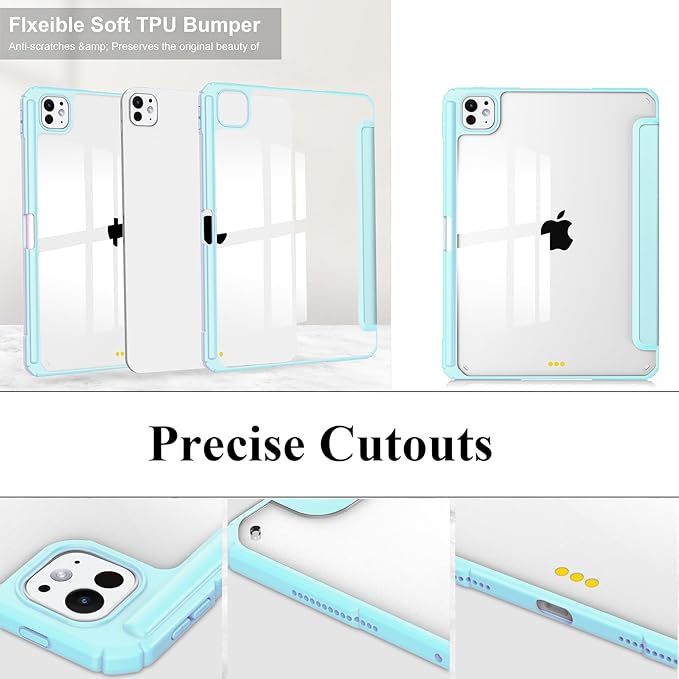 Folio Stand Case for iPad Pro 13 inch M4 (2024) with Clear Transparent Back &amp Soft TPU Shockproof Frame Cover [Pencil Holder] [Auto Sleep/Wake] Smart Lightweight Trifold Shell Sky Blue