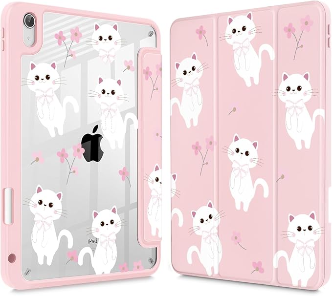 Tuiklol Case for iPad 11 inch (A16 Chip) 2025 Gen 11th / iPad 10.9 inch 2022 10th Gen Buit in Pencil Holder with Shockproof Cover Clear Transparent Back Shell Auto Wake/SleepCat-Pink