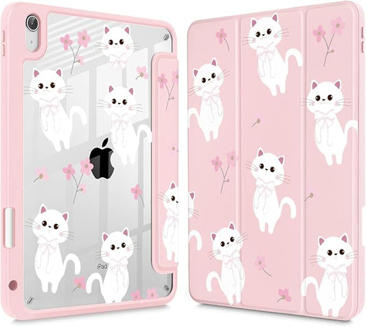 Tuiklol Case for iPad 11 inch (A16 Chip) 2025 Gen 11th / iPad 10.9 inch 2022 10th Gen Buit in Pencil Holder with Shockproof Cover Clear Transparent Back Shell Auto Wake/SleepCat-Pink