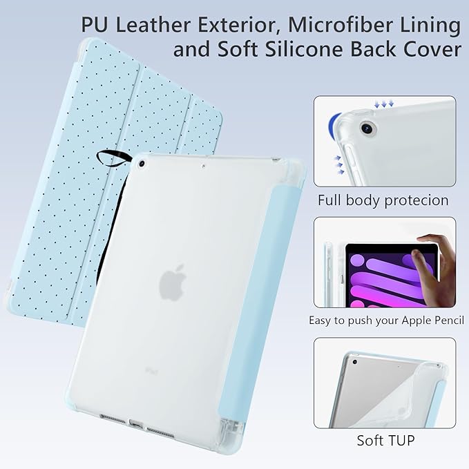 Cute Polka Dot Ribbon Bow for iPad Pro 12.9 Inch Case 5th/6th Generation 2022/2021/2020 with Pencil Holder Auto Sleep/Wake Blue Leather Soft TPU Back Cover