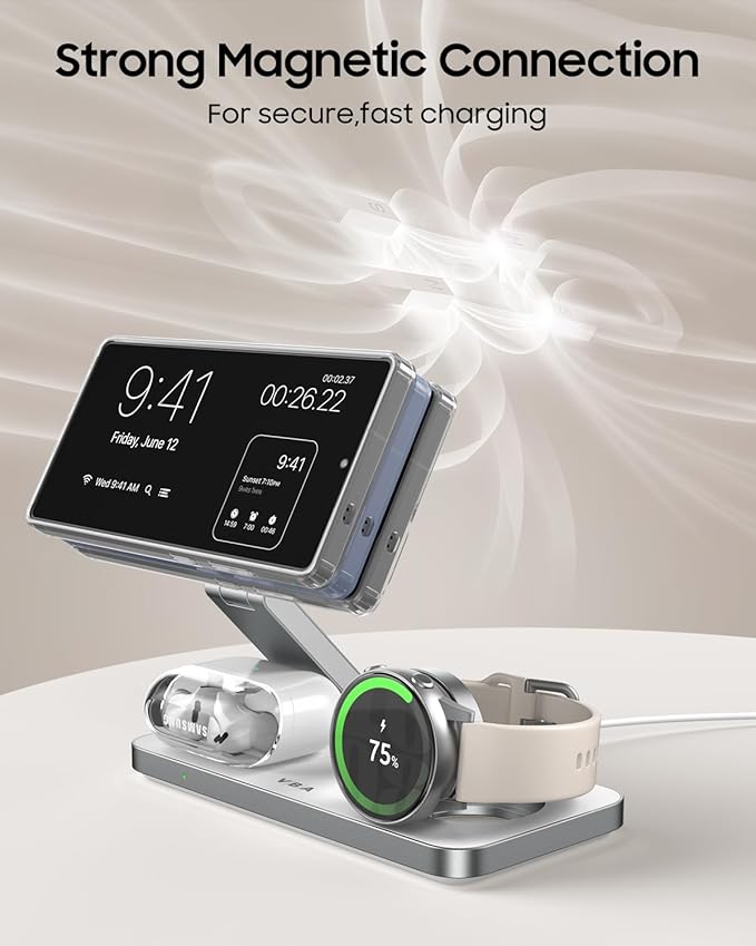 3 in 1 Foldable Magnetic Wireless Charging Station for Samsung Wireless Charger Stand for Galaxy S26 Ultra S25/S24 /Note 20/Flip 7/Fold 7 for Galaxy Watch Ultra/8/7/6Galaxy Buds 3/3 Pro