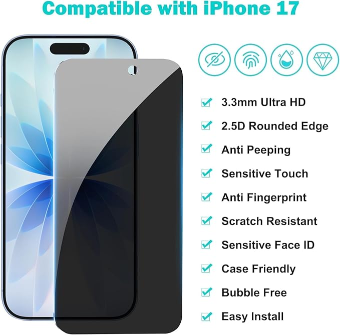 3 Pack for iPhone 17 Privacy Full Screen Protector +2 Camera Lens Protector 9H+ Tempered Full Cover Glass Military Grade Shatterproof Anti Spy Auto Installation kit